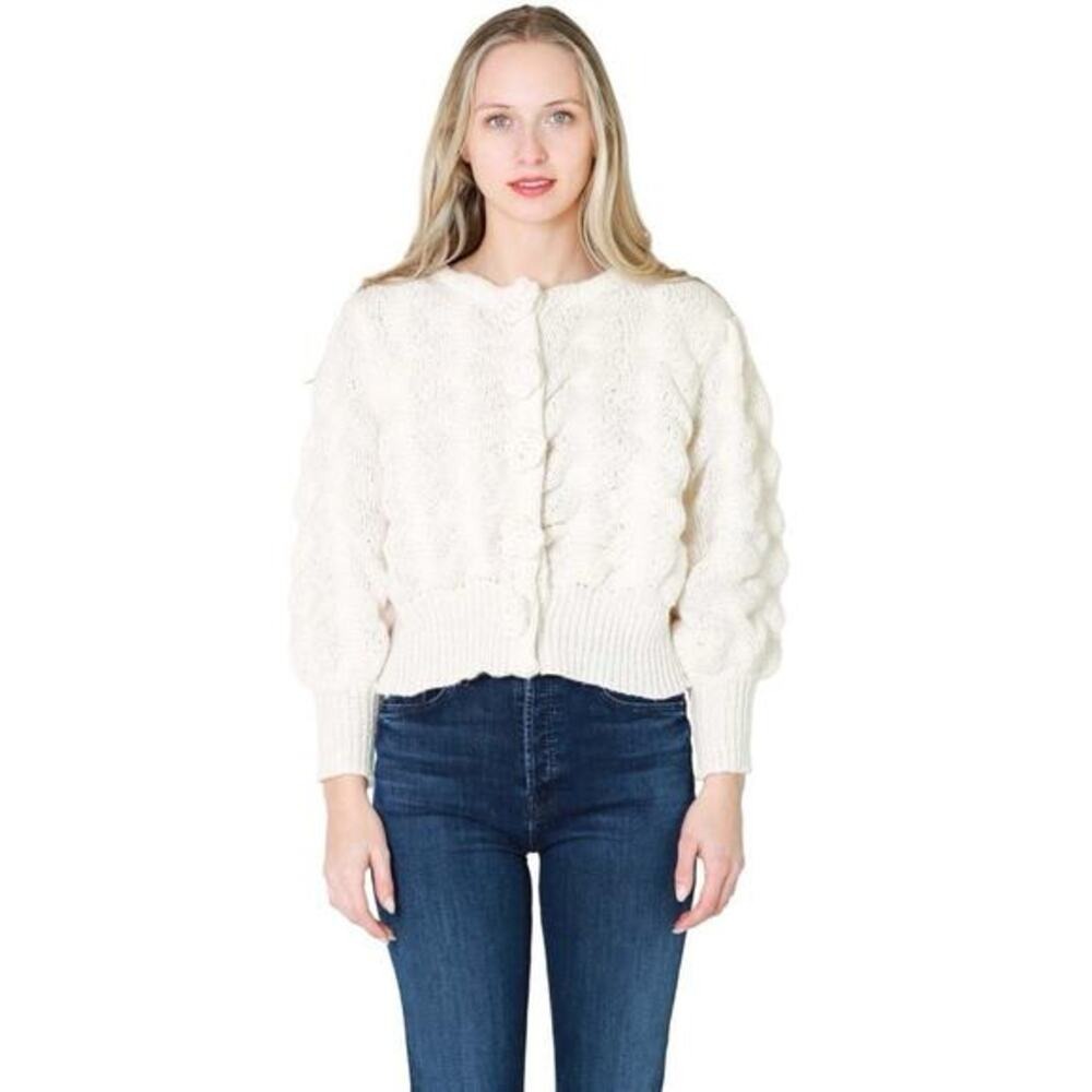 En Creme Flower Button Ivory Cardigan Knit Ballon Sleeve Cottagecore Sweater